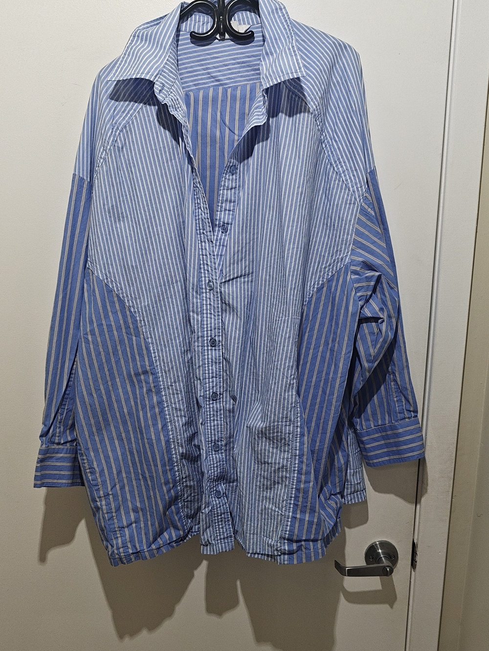Blue Striped Female Button-Up Shirt Plus Pant Combo